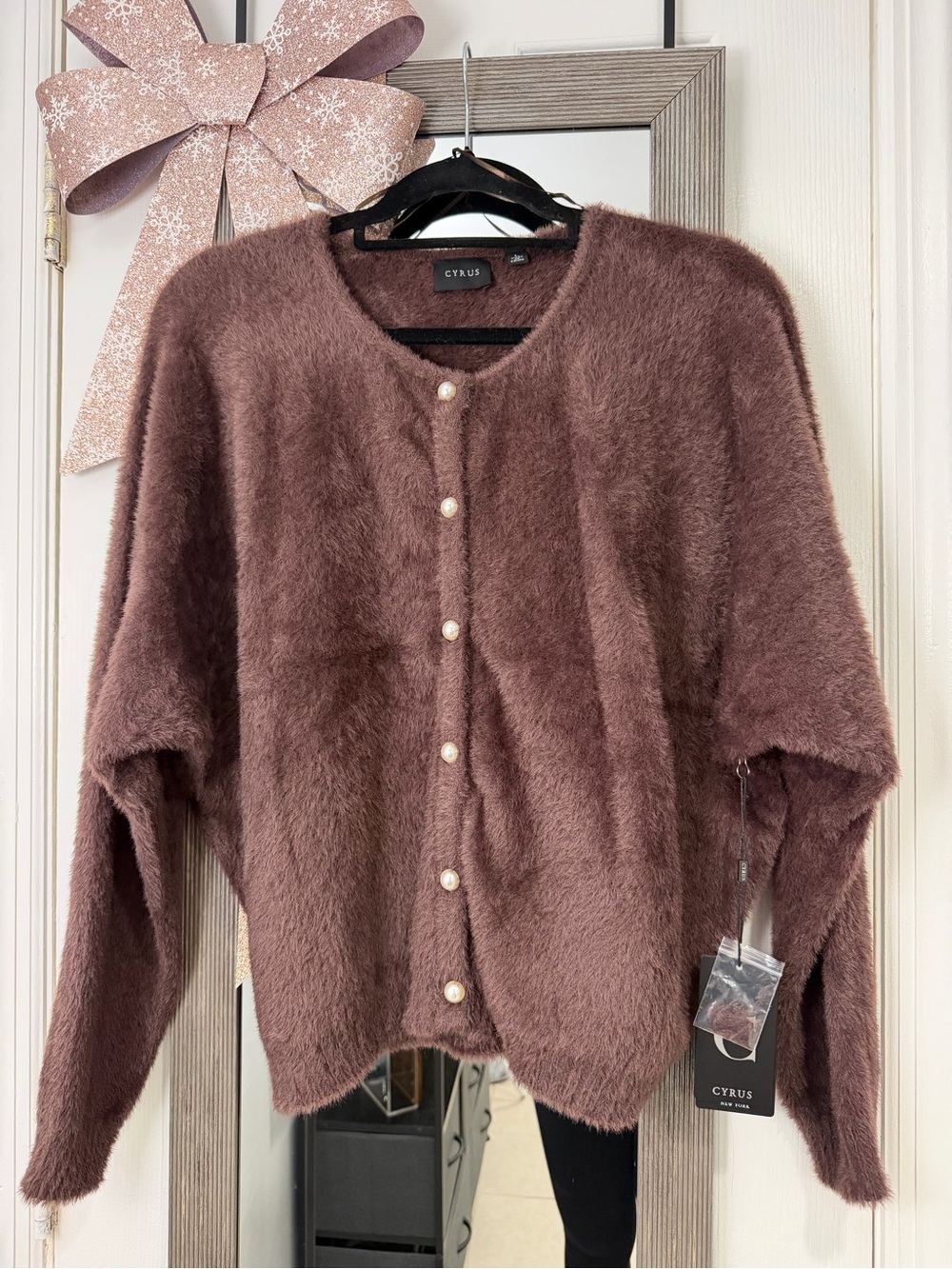 Cyrus Plush Pearl-Button Cardigan - Mauve Brown
